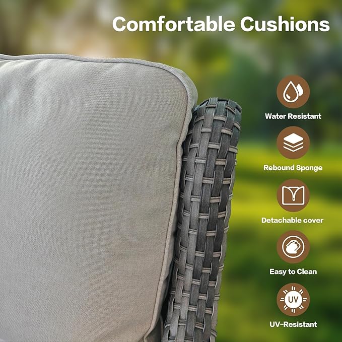 3 Pieces Patio Furniture Conversation Set PE Rattan Wicker Outdoor Swivel Glider Rocker Chairs of 2, Soft Thick Washable Cushion Side Coffee Table for Yard Backyard Deck Porch (Grey/Beige)