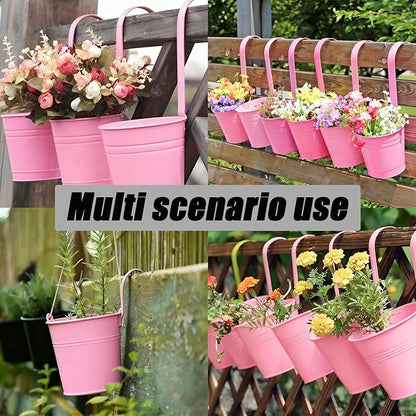6 Pcs Hanging Flower Pots with Detachable Hooks,Metal Iron Bucket Planter for Railing,Fence,Balcony Garden Decor,4INCH,Pink