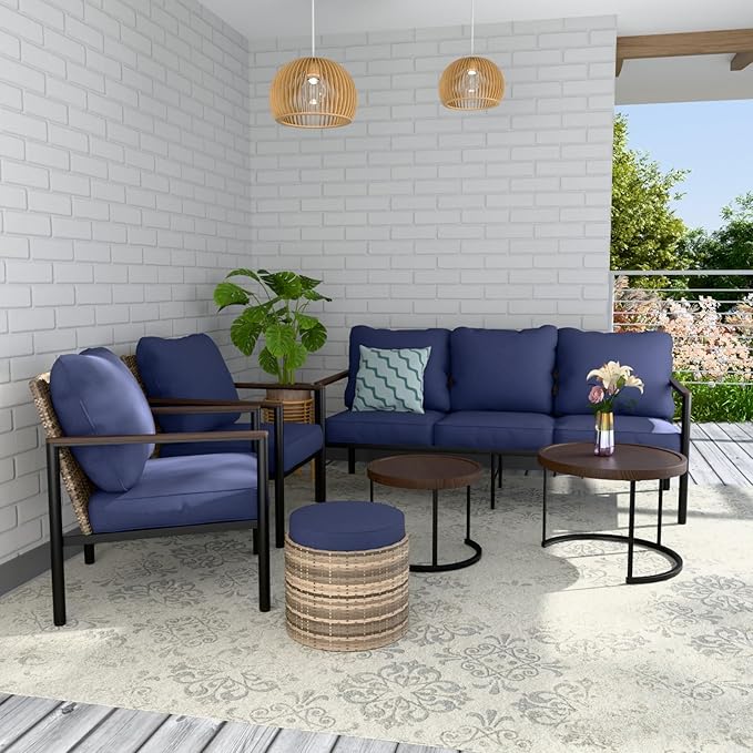 COOS BAY Sand Dune 5 Piece Wicker Patio Furniture Set, Rattan Outdoor Furniture with Nesting Tables, Chairs, Couch, Coffee Tables, and Ottoman, Brown/Blue