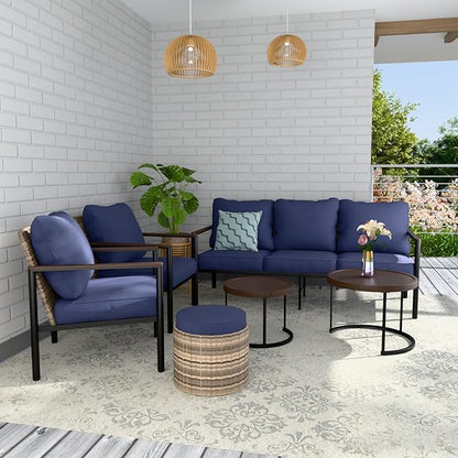 COOS BAY Sand Dune 5 Piece Wicker Patio Furniture Set, Rattan Outdoor Furniture with Nesting Tables, Chairs, Couch, Coffee Tables, and Ottoman, Brown/Blue