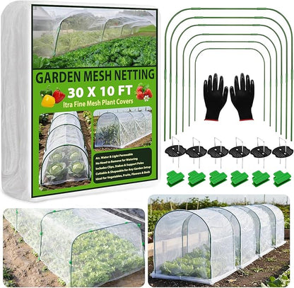 Garden Netting Kit 10×30 FT Ultra Fine Mesh Plant Protection Cover with 6 Sets Garden Hoops & 36 Clips, Garden Netting for Raised Beds, Physical Pest Barrier Netting for Vegetable Gardens & Row Covers