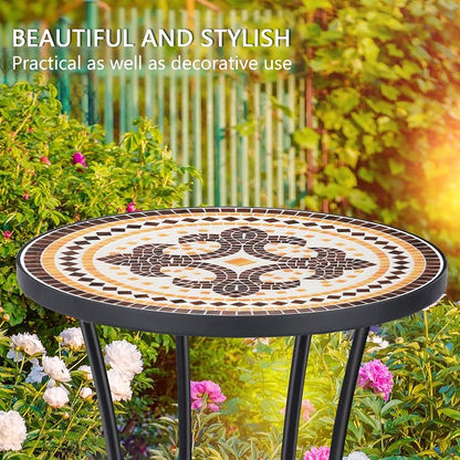 VCUTEKA Outdoor Side Table Mosaic Patio Table Accent Tables Mosaic Tile Top Metal Frame Small End Tables Porch Beach Patio Garden Balcony Tan