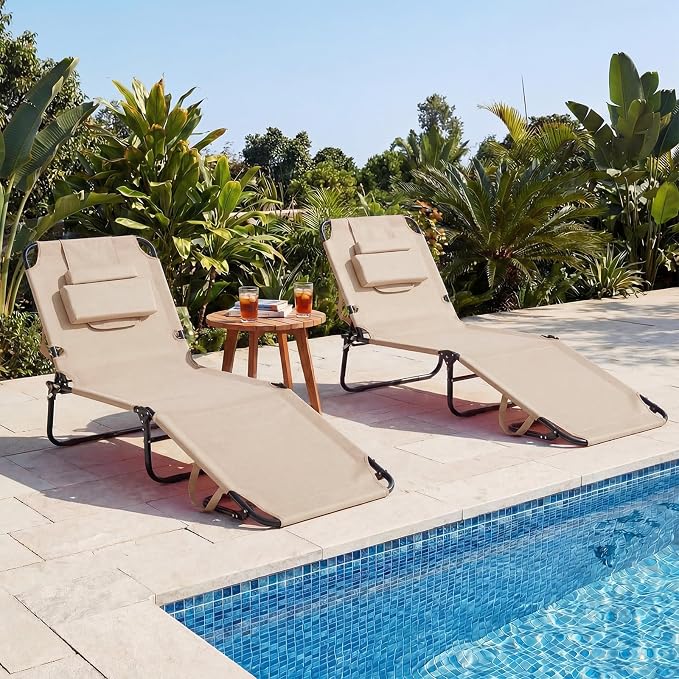 GYMAX Tanning Chair, 330lbs Beach Lounge Chair with Face Hole, Washable Pillow & Carry Strap, Adjustable Folding Chaise Lounge, Layout Lounger for Outside, Patio, Poolside, Lawn (2, Beige)