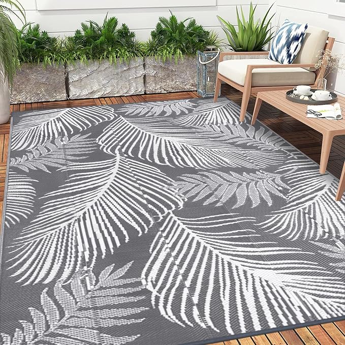 Pauwer Waterproof Outdoor Rug 6x9, Reversible Plastic Straw Patio Camping Rug, Indoor Outdoor RV Mat Carpet for Deck, Camper, Porch, Balcony, Backyard, Picnic, Leaf Grey