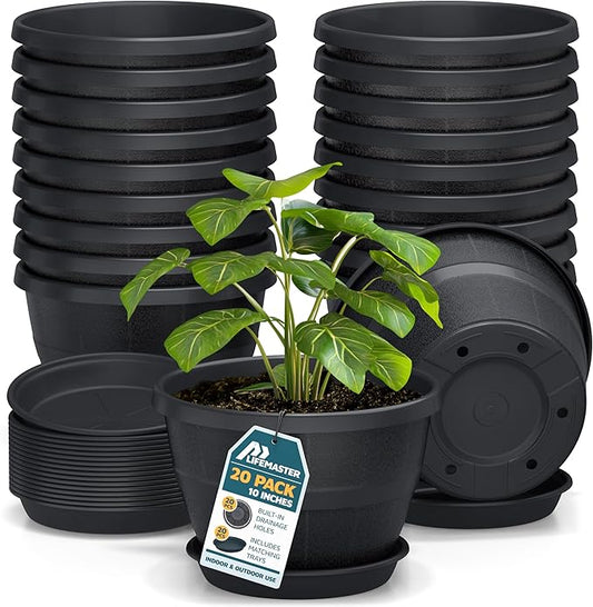10-Inch Whiskey Barrel Planters Outdoor Pack of 20 - Durable Plastic Plant Pots for Indoor & Outdoor Use with Drainage & Saucer, Lightweight Rustic Barrel Planters for Flowers, Herbs & Small Plants