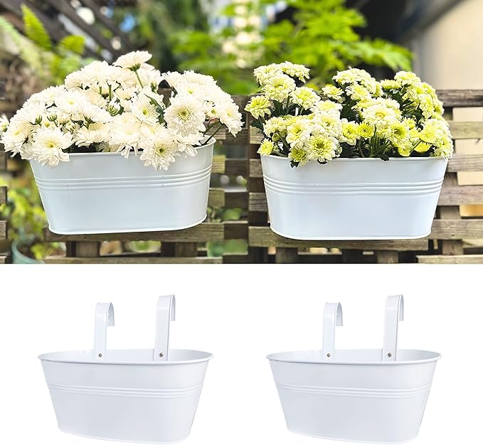 LaLaGreen Rail Planter Outdoor Plants (2 Pack, 9.8 Inch) Small and Cute Metal Iron Hanging Flower Pots Deck Railings White Fence Modern Garden Boho Style Wall Mount Window Box Plant Holder Porch Decor
