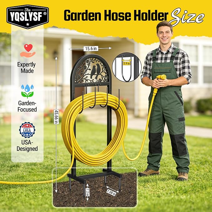 YQSLYSF Garden Hose Holder for Outside, Water Hose Reel Freestanding with 4 Stake, Heavy Duty Metal Hose Stand Storage Rack Holds 150Ft