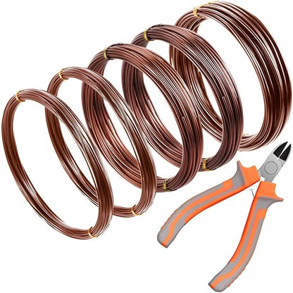 Mudder 5 Roll Aluminum Bonsai Training Wire Tree 160 Feet Total with Bonsai Wire Cutter Anodized Training for Holding Branches Small Trunks(1/1.5/2.0mm,Brown)