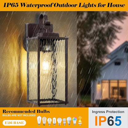 Oil Rubbed Bronze Outdoor Light Fixtures Water Ripple Glass 15” 2 Pack, Vintage Brown Exterior Lights for House IP65 Waterproof Outside Wall Sconce Lighting Coach Lights Patio Wall Lanterns