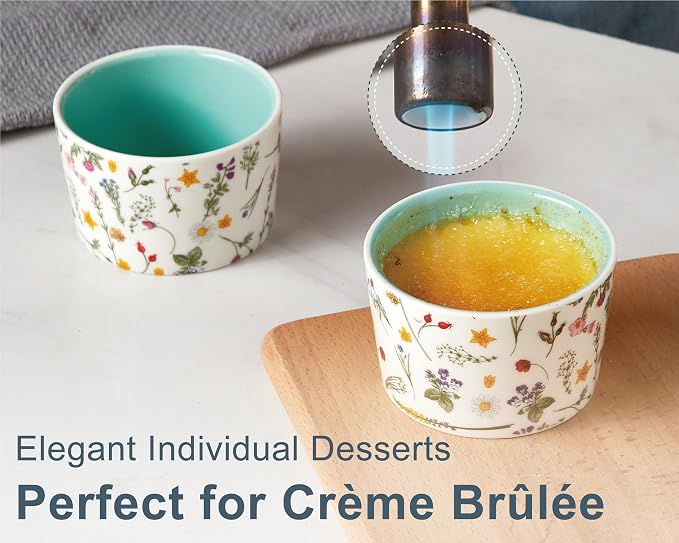 ONEMORE 6 oz Ramekins Oven Safe, Floral Ceramic Ramekin Set of 6 Mint Green Ramekins for Baking & Serving, Creme Brulee Dishes, Custard Pudding Souffle Cups, Small Dessert Bowls for Oven, Air Fryer