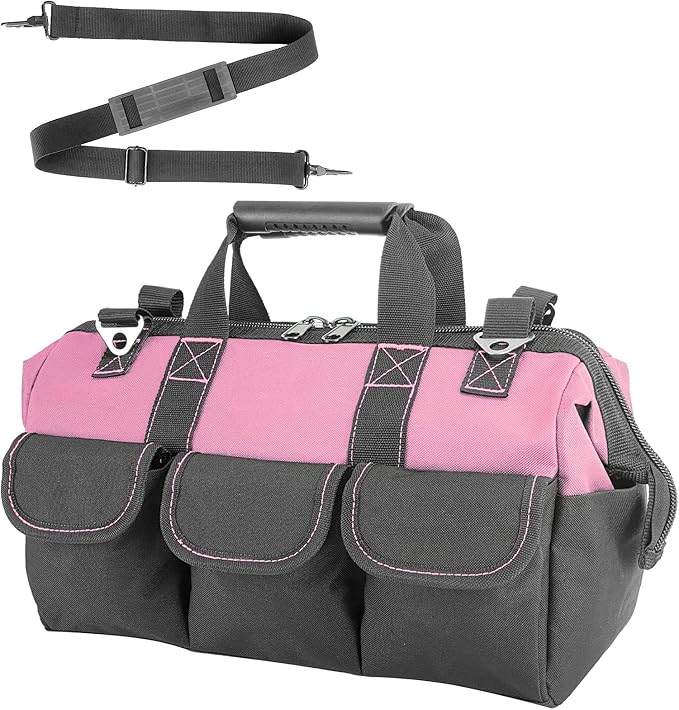 Women Heavy Duty Tool Bag Storage Organizer for Tools,16 x 7.5 x 10.5 inches,50 Pound Capacity, 600D Polyester Fabric (Pink)