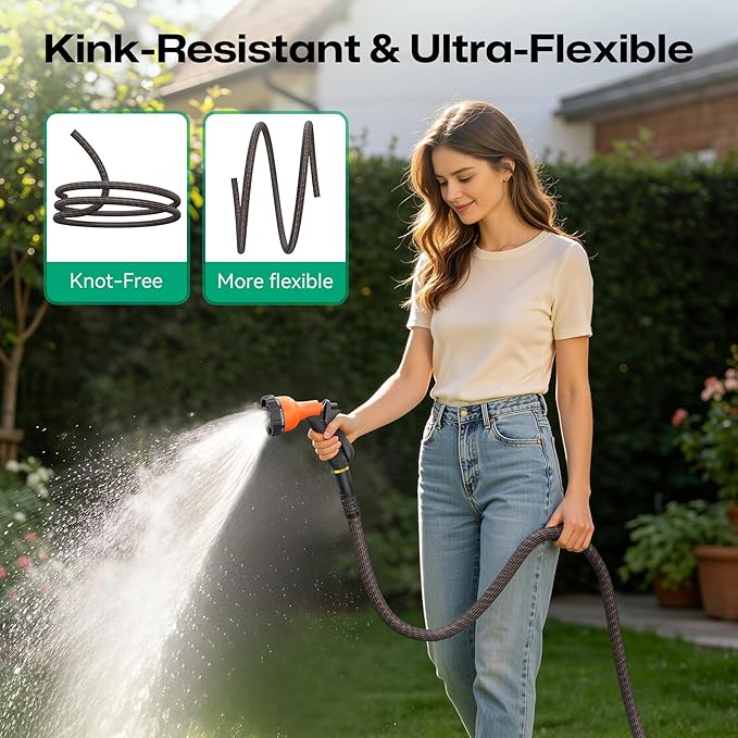 Garden Hose 75ft NON-EXPANDABLE Water Hose, 3-Layer Lightweight Nylon Braided Hose for Yard, Car Wash & Pet Shower, 600 PSI Heavy Duty Burst Kink-Free with 10-Way Nozzle & 3/4" Brass Fittings