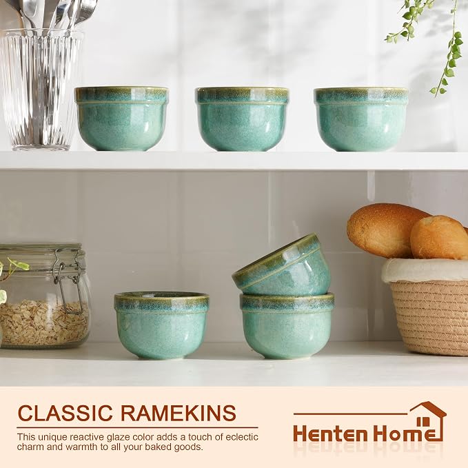 Henten Home 6 oz Ramekins Set Oven Safe, Ceramic Creme Brulee Ramekins Set of 6, Baking Cups for Pudding, Souffle, Ice Cream, Snack, Dipping (Green)
