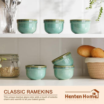 Henten Home 6 oz Ramekins Set Oven Safe, Ceramic Creme Brulee Ramekins Set of 6, Baking Cups for Pudding, Souffle, Ice Cream, Snack, Dipping (Green)
