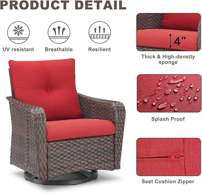 Rilyson Outdoor Patio Swivel Rocker Chairs - 4 PC Wicker Rattan Patio Rocking Glider Chair Set with High Back,Comfy Cushions and Deep Seating for Porch Deck Backyard Garden(Brown/Red)