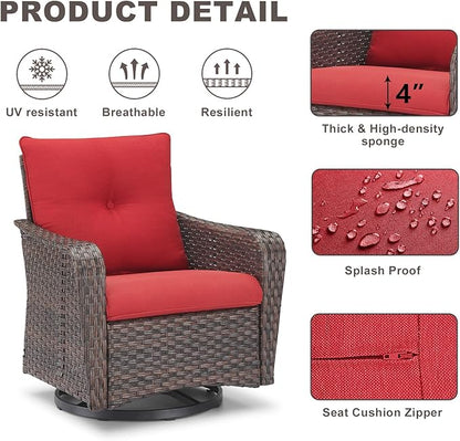 Rilyson Outdoor Patio Swivel Rocker Chairs - 4 PC Wicker Rattan Patio Rocking Glider Chair Set with High Back,Comfy Cushions and Deep Seating for Porch Deck Backyard Garden(Brown/Red)