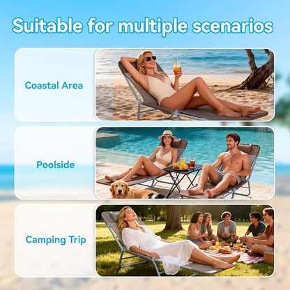 Outdoor Chaise Lounge with Detachable Pillow, Reclining Folding Chair with 5-Position Adjustable Back, Portable Tanning Chair for Beach, Pool, Lawn, Breathable Mesh Seat, No Assembly