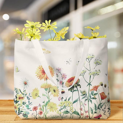 Bencailor 2 Pcs Spring Flower Canvas Tote Bags Reusable Wildflowers Herbs Plant Grocery Bags for Women Shopping Spring Gifts(Stylish)
