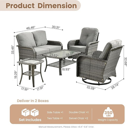 HOOOWOOO Patio Furniture Set,5 Pieces Outdoor Conversation Set,All Weather Wicker Loveseat Sofa Set with High Back Swivel Rocking Chairs Tables,Dark Gray