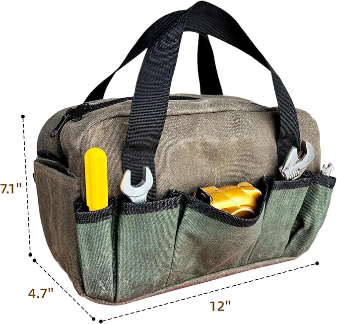 12 Inch Heavy Duty Waxed Canvas Tool Bag Organizer, Wide Mouth Tool Tote Bag, Small Tool Bag for Men Electrician Technician Mechanic Plumbing(Brown/Cyan, 12 Inch)