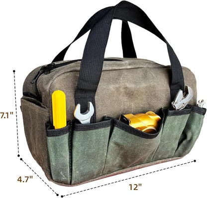 12 Inch Heavy Duty Waxed Canvas Tool Bag Organizer, Wide Mouth Tool Tote Bag, Small Tool Bag for Men Electrician Technician Mechanic Plumbing(Brown/Cyan, 12 Inch)