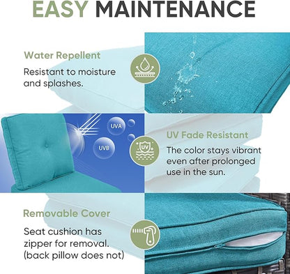 Outdoor Chair Cushion Set, 25 x 22 Deep Seat Cushion, Patio Chair Cushions for Outdoor, Include 1 Seat Cushion and 1 Back Cushion, Cyan Blue