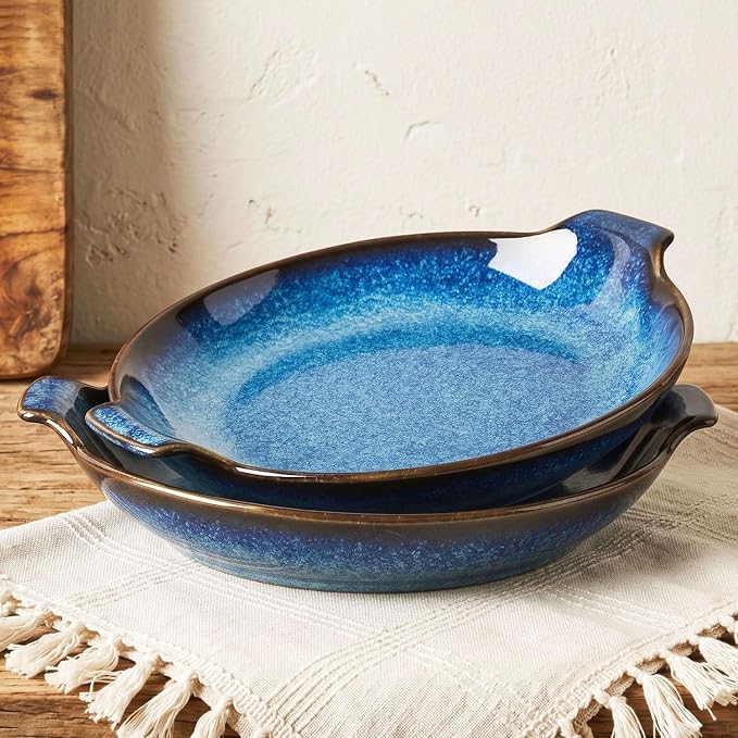Ceramics Au Gratin baking Dishes Set of 2, Baking Tray Bake ware, 10.5 oz Ramekins, for Pie Pan, Appetizer, Tart, Dessert, Quiche, Oven Small dish, individual dishes, Round 9 Inch