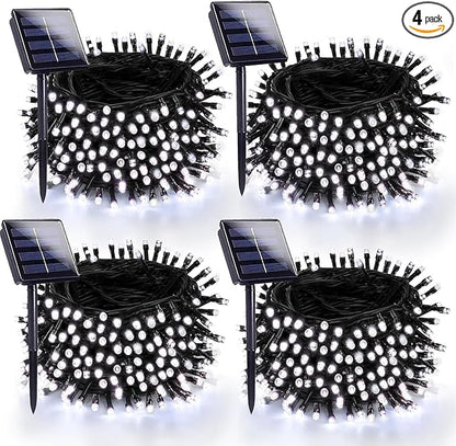 4 Pack 180FT Solar Christmas Lights Outdoor Waterproof, Super Bright 320 LED Solar String Lights with 8 Lighting Modes, Green Wire Solar Twinkle Fairy Lights for Outside Tree Xmas Party(Cool White)