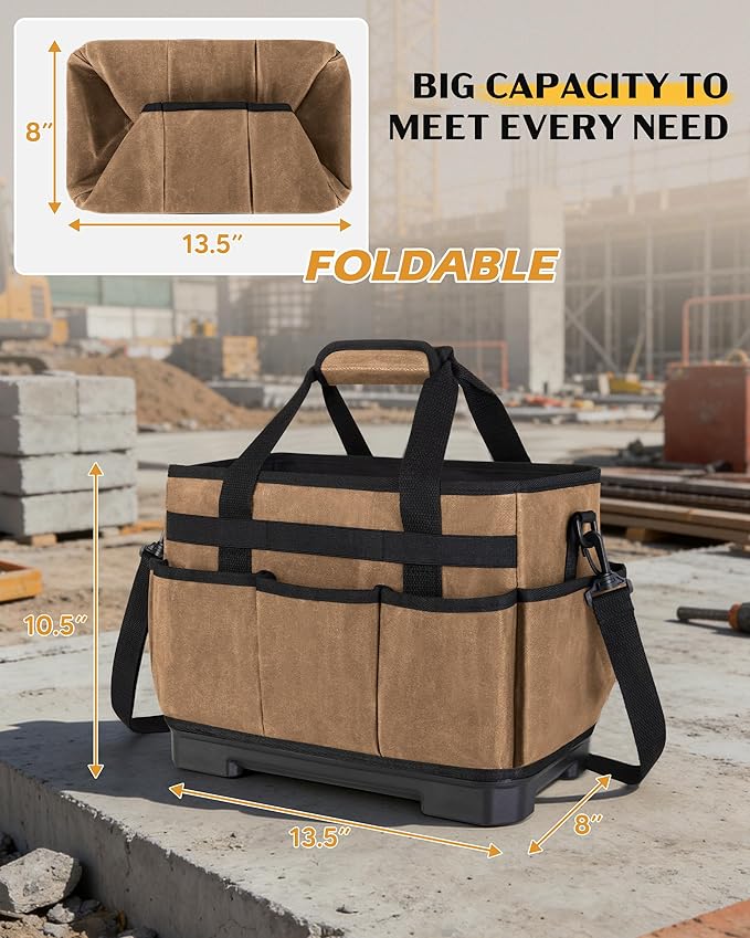 Marscamd Waxed Canvas Tool Bag with Hard Bottom and 8 Pockets, Large Tool Tote with Shoulder Strap for Tools & Gardening, Khaki