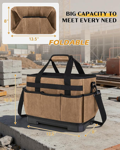 Marscamd Waxed Canvas Tool Bag with Hard Bottom and 8 Pockets, Large Tool Tote with Shoulder Strap for Tools & Gardening, Khaki