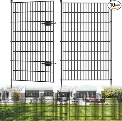 10 Panels No Dig Decorative Outdoor Garden Fence with Gate for Yard, 48 in(H) X 26.25ft(L) Animal Barrier Fencing Rustproof Metal Wire Panel Border for Dog, Rabbits, and Patio Temporary Ground Stakes