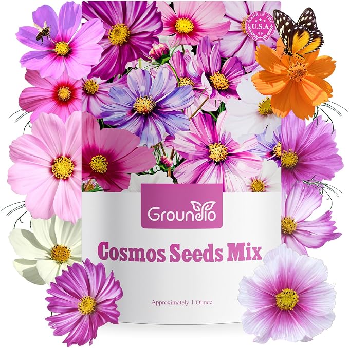Groundio 7 Varieties Cosmos Seeds Mix, 1 Ounce Over 5000+ Crazy Blend Cosmo Flowers Seed for Planting, Open Pollinated, Non-GMO, Heirloom (Daydream, Gloria, Picotee, Purity, Radiance, Pinkie, Sulphur)
