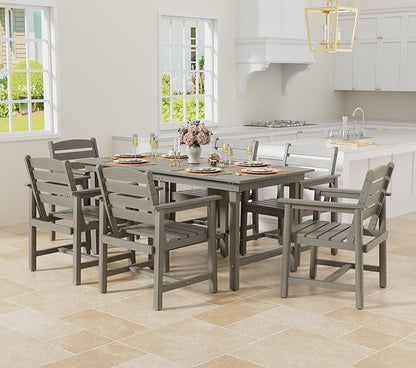 Anbuy Patio HDPE Dining Table Set, 7-Piece Outdoor Dining Table Sets, 2 in 1 Convertible Table and 6 Outdoor Chairs Outdoor All-Weather Furniture Set Gray