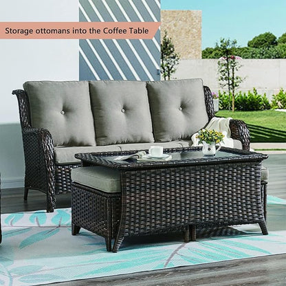 Rilyson Patio Tables Wicker Coffee Table - Outdoor Rattan Coffee Tables with Glass Top for Patio Proch Deck Balcony Rectangle Brown