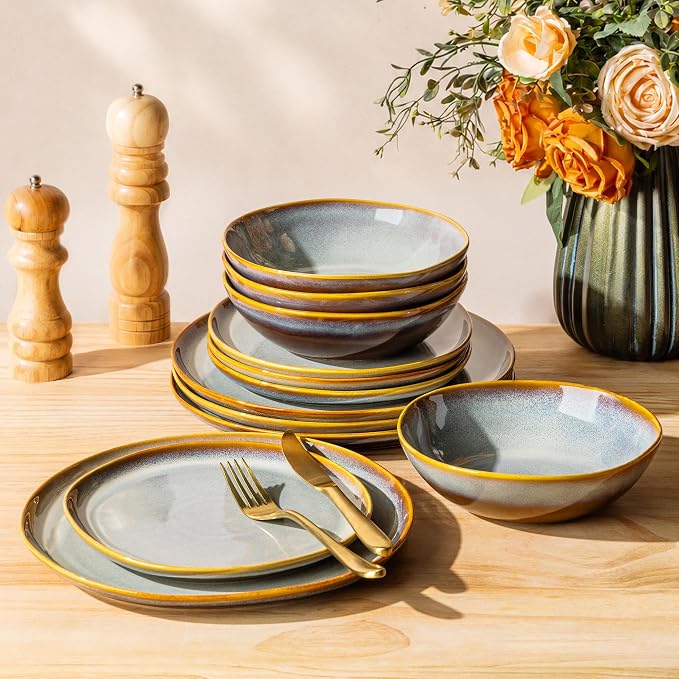 TheTerra Ceramic Dinnerware Set for 4, 12-Piece Plates and Bowls Set | Lightweight Porcelain Dish Set, Scratch Resistant, Oven & Microwave & Dishwasher Safe, Blue Dusk