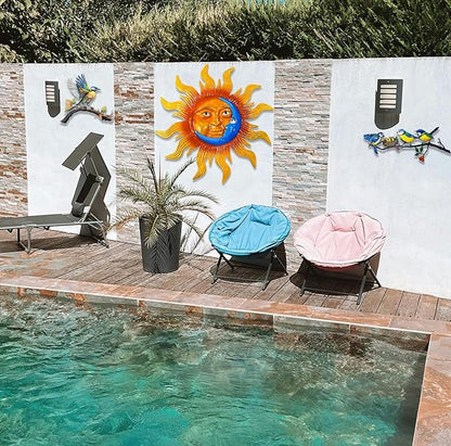 25.7'' Large Size Metal Sun Outdoor Wall Art Decor, Sun&Moon Outside Metal Art Rust Proof Wall Sculpture, Ideal for for Yard, Bedroom, Patio, Garden, Fence, Deck Pool Home and Farmhouse (Large sun)