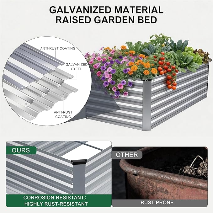 6x3x2FT Galvanized Raised Garden Bed, Outdoor Metal Raised Planter Box for Vegetables, Elevated Rust-Resistant Rectangle Gardening Container Kit with Reinforced Panels for Backyard,Patio(Silver)