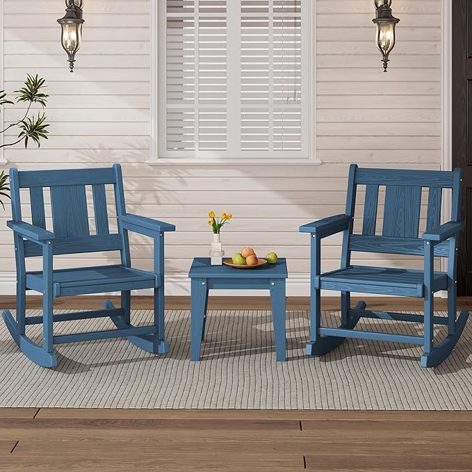 SERWALL 3 Piece Patio Rocking Bistro Set, Outdoor Bistro Set with Side Table, All Weather Outdoor Rocking Chair Set for Garden, Balcony, Backyard, and Porch- Blue