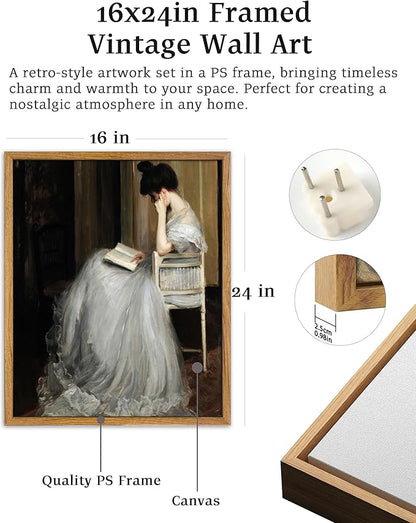 UPWOIGH 16x24 in Large Framed Wall Art, Jacques Émile Blanche The Reader Woman Reading Oil Painting Canvas, Vintage Victorian Portrait Print, Rustic Farmhouse Decor for Living Room Bedroom, 1Pack Gift