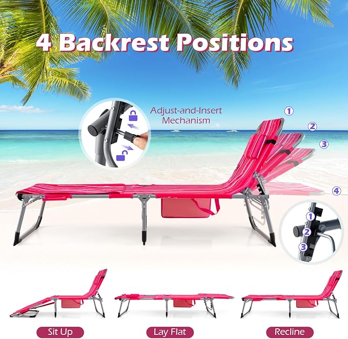 GYMAX Tanning Chair, 330LBS Beach Lounge Chair w/Face Arm Hole & Shoulder Strap, Folding Layout Sunbath Chair, Face Down Outdoor Chaise Lounger for Patio, Poolside, Lawn, Backyard (2, Pink Stripe)