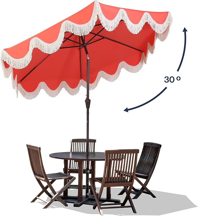 JONATHAN Y UMB1001 Collins 9 ft. Classic Cottage Tassel Market Patio Umbrella with Auto-Tilt, Crank, Wind Vent and UV Protection