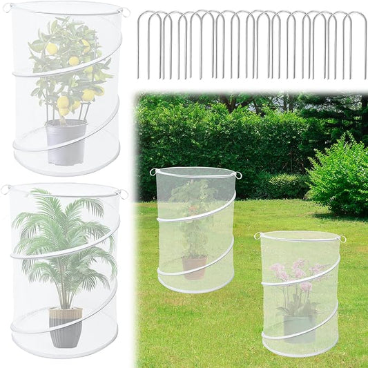 4 Pack Pop up Plant Covers Tent from Animals, 20"H X 13"D Insect Barrier Mesh Plant Guard Cover Net White Garden Plant Protectors Mini Greenhouse Plant Protection Cage with Stakes for Outdoor Plants