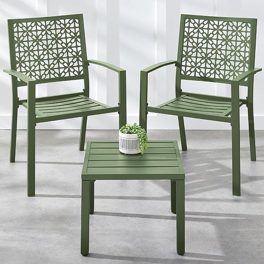 Best Choice Products 3-Piece Outdoor Bistro Set, Stackable Modern Steel Furniture for Porch, Garden w/ 2 Chairs, Table, Geometric Decor - Sage Green