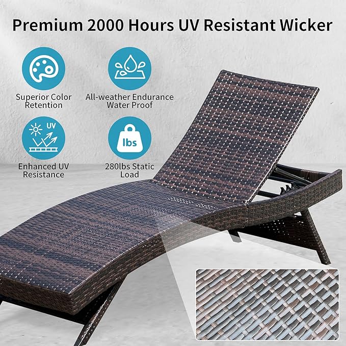 Folding Patio Chaise Lounge (Set of 1 Chair), Foldable Long Reclining Patio Seating Chairs, Outdoor Wicker Lounge Chair, Rattan Chaise Lounge Lawn Sunbathing Chairs Beach Pool Backrest Recliners
