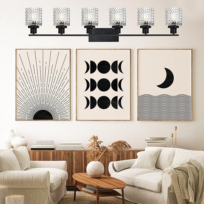 MELUCEE 6 Lights Bathroom Lighting Fixtures Over Mirror Black with Hammered Glass Shade, Vanity Light Indoor Wall Mounted Lamp for Bathroom Bedroom Kitchen