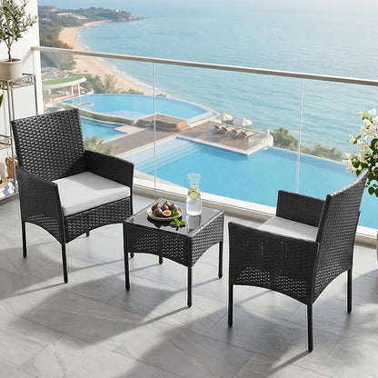 Sweetcrispy 3 Piece Patio Furniture Set, All-Weather Outdoor Wicker Bistro Set with Removable Cushions & Tempered Glass Table, Small Conversation Seating for Porch, Balcony, Deck, Backyard, Black