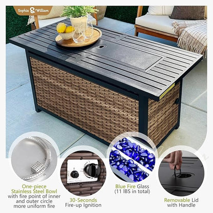 Sophia & William Patio Furniture Set with 56" Fire Pit Table, 10PCS Outdoor Wicker Sectional Conversation Set with 4 Corner Sofa, 3 Single Couch, 2 Ottoman & Fire Pit Table(Aqua Blue)