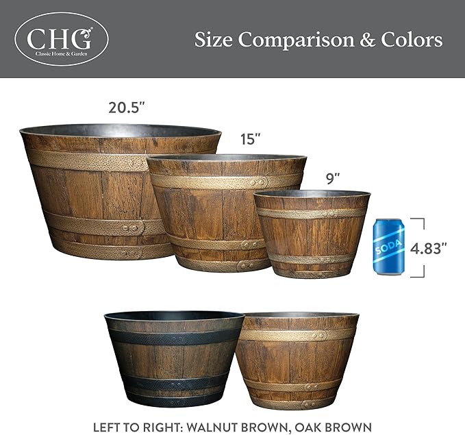 Classic Home and Garden Outdoor Whiskey Resin Flower Pot Barrel Planter, Walnut Brown, 20.5" (2 Pack)