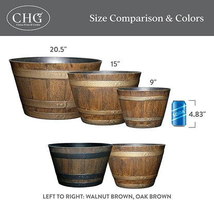 Classic Home and Garden Outdoor Whiskey Resin Flower Pot Barrel Planter, Walnut Brown, 20.5" (2 Pack)