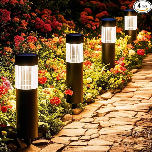 Solar Pathway Lights Outdoor 4 Pack, Stainless Steel Solar Garden Lights, Bright 35LM Warm White LED, Auto On/Off IP65 Waterproof Path Lights for Yard, Lawn, Walkway, Patio, Driveway
